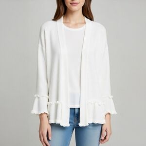 POL White Waffle Knit Open Front Ruffle Cardigan Boho Oversized Size Medium